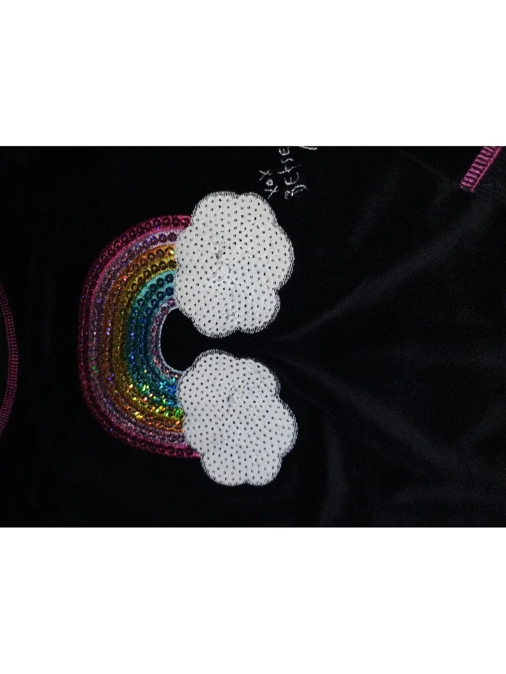 Betsey Johnson Black Velvet Sweater with Rainbow and Cloud Sequin Design, Size S